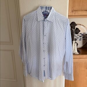 Robert Graham White and Blue Geometric Dress Shirt Large